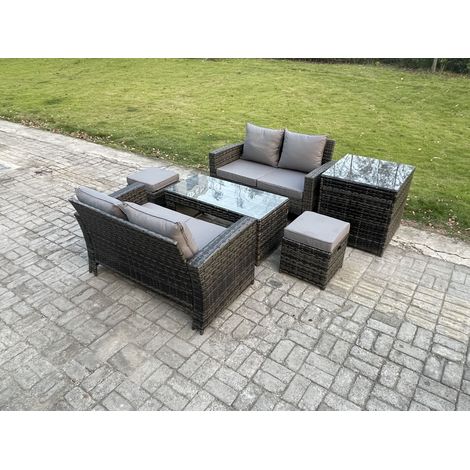 Fimous 6 Pieces Garden Furniture Sets Poly Rattan Outdoor Patio Furniture PE Wicker Furniture Set with Side Table 2 Small Footstool Loveseat and Table for Garden Backyard Dark Grey Mixed