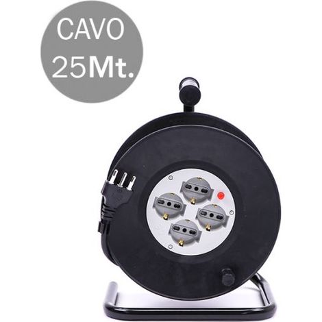 Prolunga Avvolgicavo 4 prese Bipasso Shuko + 16A con Protezione Termica in Metallo Colore Nero e Spina 16A 2P+T 25mt (1/3)