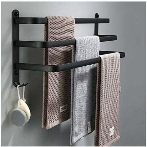 Porte Serviettes Salle de Bains Noir - Barres Porte Serviettes Adhesif Mural - Étanche avec Crochet(50cm, Three Bars) (1/5)