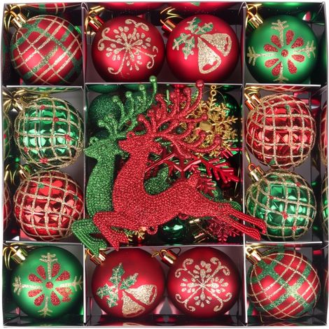 Décorations de Noël, boules de Noël vintage, décorations de Noël classiques à suspendre, ensemble de 45 pièces (rouge et vert). (1/5)