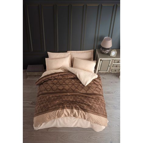 Housse de Couette Simple (135 x 200 cm), Marron et Marron foncé 65% Coton, 35% Polyester, 120 Fils Lavable en Machine, Fermeture à Bouton et enveloppe