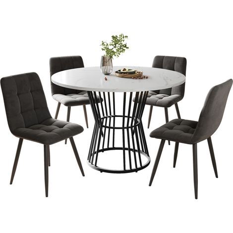 GagaEnsemble repas 5 pieces, table ronde 100 cm, MDF blanc, velours gris (1/5)