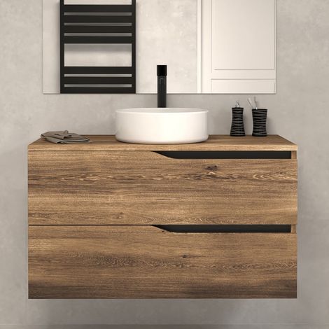 Meuble de salle de bain 90cm avec plateau et vasque à poser - 2 tiroirs - sans miroir - tabaco (chêne foncé) - LUNA (1/5)