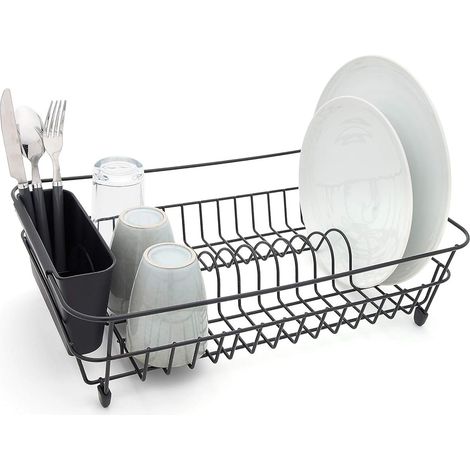 Égouttoir de cuisine en fer forgé - Égouttoir de comptoir - Égouttoir à couverts - Égouttoir à assiettes - Égouttoir antirouille - Panier à couverts - Acier revêtu de plastique noir - 36,5 x 32,5 x 13 (1/5)