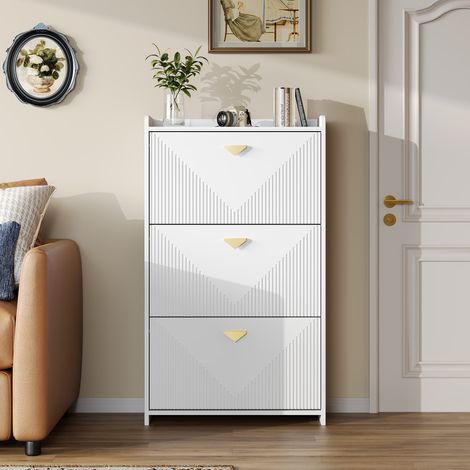 Weißer Schuhschrank 70×30×120 cm, 3 Klappen, 6 Fächer, verstellbare Trenner, goldfarbene Griffe, MDF LINHOO