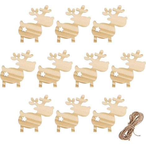 Amosfun Lot de 10 décorations de Noël en bois découpées, avec pendentif, étiquette cadeau et corde en chanvre.