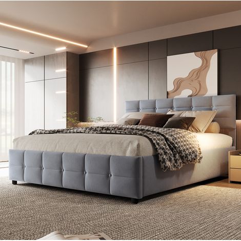 Bett 180x200 cm grau aus Samt mit hydraulischem Stauraum und Lattenrost (1/5)