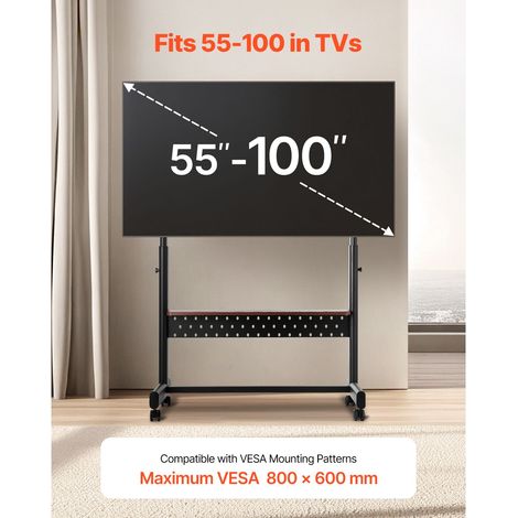 Chariot TV roulant mobile pour écrans 55-100 pouces, support moniteur transportable réglable en hauteur avec plateau, charge 93 kg max VESA 800x600, salon chambre bureau extérieur (1/5)