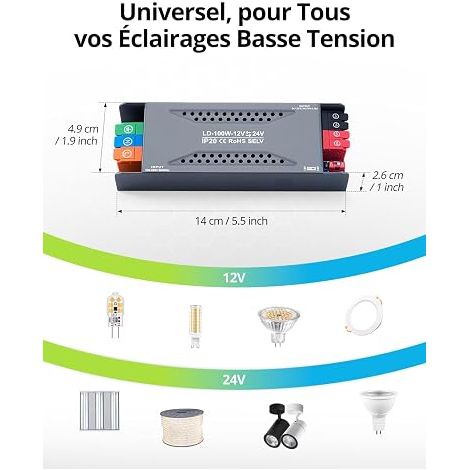 Transformateur AC 220v à DC 12V 8.3A / 24V 4.16A LED Driver 0-80W, Alimentation Transfo Boîtier Métallique Transformer Salon Cuisine Spot Ruban G4 G9 Mr16 Sans Vissage (1/3)