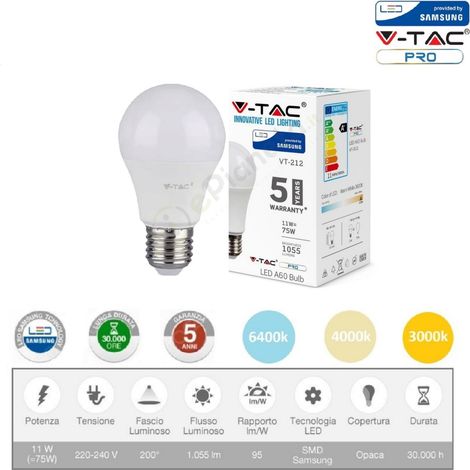V-TAC PRO Lampadina led bulbo 11w A60 attacco grande E27 copertura opaca luce fredda naturale calda Naturale (1/5)