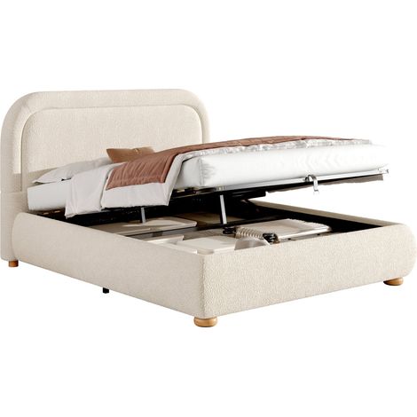 Lit capitonné, lit double, 140 x 190 cm, sommier à lattes, tête de lit rembourrée, tissu bouclé beige, réglable hydrauliquement, avec grand espace de rangement et tête de lit rembourrée.