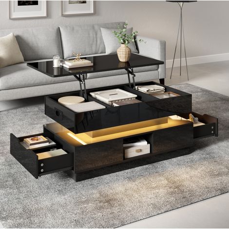 Couchtisch 90x48x42.5 cm schwarz MDF hochglänzend mit höhenverstellbarer Platte, LED, Steckdose und Stauraum (1/5)
