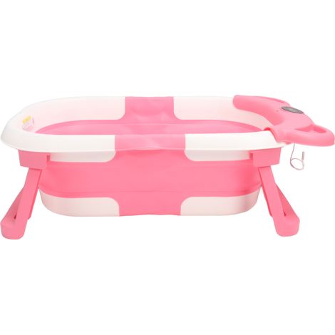 Baignoire bébé pliable rose avec tapis de suspension antidérapant, capteur de température et trou de vidange (1/5)
