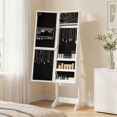 Armoire à bijoux sur pieds avec miroir, boîte de rangement blanche lumineuse à LED, compartiments multiples pour colliers et bracelets. (1/5)