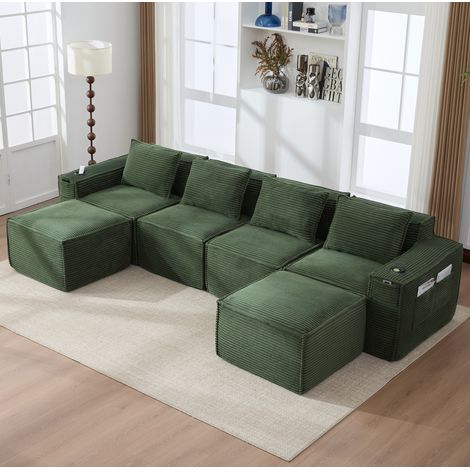 Modulares 4-Sitzer-Sofa 330x162x75 cm grün aus Kord mit 2 Hockern, Getränkehaltern und Seitentaschen (1/5)