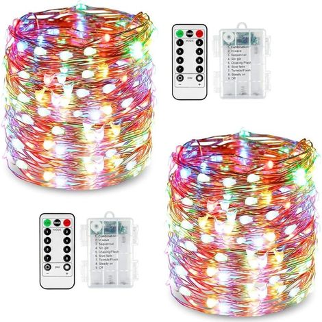 2er-Set LED-Lichterketten, 10 m, 100 W, 8 Leuchtmodi, batteriebetrieben, Kupferdraht, wasserdicht (IP67), mit Fernbedienung und Timer für die Innen- und Außenbeleuchtung, Weihnachtsdekoration (1/4)