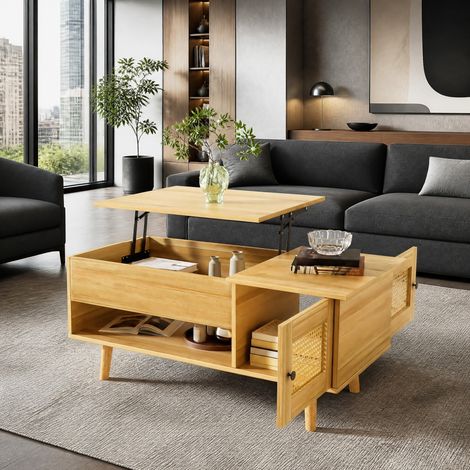 Table basse relevable avec portes effet rotin bois et noir 103 x 50 x 46 cm HAVRYA (1/5)