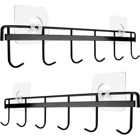2 Pièces Porte Ustensiles Cuisine,Support Ustensiles Cuisine avec 6 crochets,sans perçage Rangement Organiseur Rack pour cuisine/Bains (Noir), Acier inoxydable, 32.56.5cm (1/5)