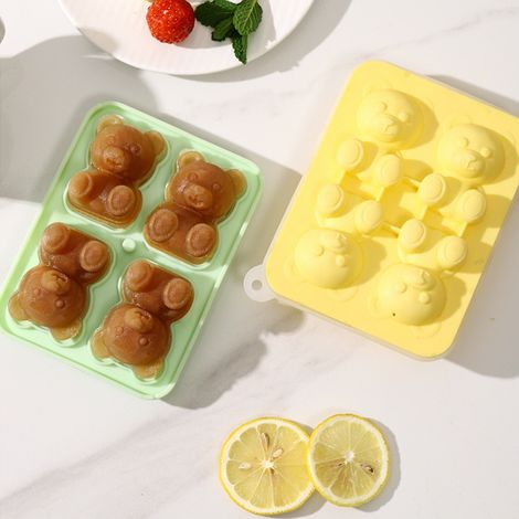 Moule à glaçons en forme de petit ours, 4 compartiments, en silicone, vert, idéal pour la confection de glaces, gâteaux et bougies. (1/5)