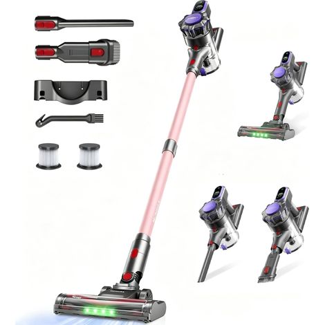 Aspirateur Balai sans Fil Léger – 550W, 45kPa, Autonomie 50min, Lumière Verte, Aspirateur sans Fil pour Poils d'animaux, Sols durs, Tapis et Intérieur de Voiture, Rose