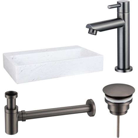 Fortifura Fuente Pack Lave-mains - 38x24x8cmcm - 1 trou de robinet - marbre - robinet gunmetal - Blanc
