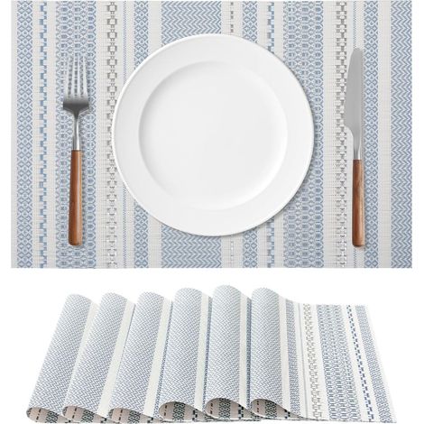 Sets de table lavables bleu bohème, lot de 4 en vinyle tissé, imperméables et résistants à la chaleur. (1/5)