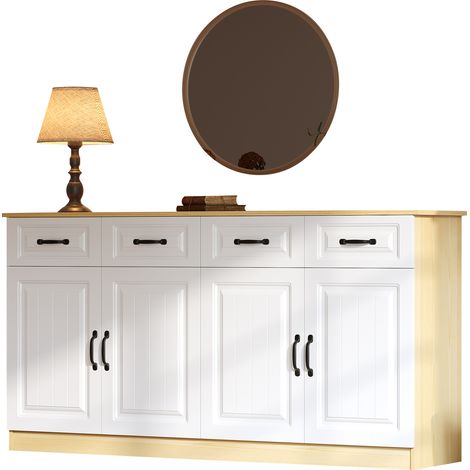 ELVMI Buffet avec 4 Portes, 4 Tiroirs et Étagères Réglables, en MDF, pour Cuisine, 160 x 35 x 80 cm, Blanc Naturel (1/5)