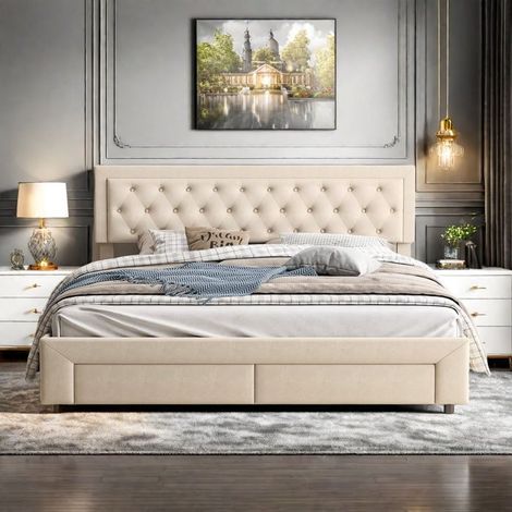 Doppelbett 180x200 cm Funktionales Bett für 2 Personen hydraulisch mit Lattenrost, Stauraum + 2 Schubladen, beige