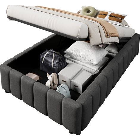 Lit coffre 90x200 gris, lit sans tête de lit en lin avec sommier à lattes, rangement hydraulique, cadre de lit pour adulte et enfant. (1/5)
