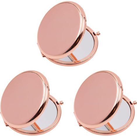 Lot de 3 mini miroirs de poche ronds en métal de 65 mm - Petit miroir de poche double face - Miroir de maquillage portable et pliable - Rose doré (1/4)
