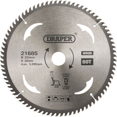Draper 21685 TCT Circular Saw Blade for Wood – 255mm Diameter, 30mm Arbor, 80 Teeth