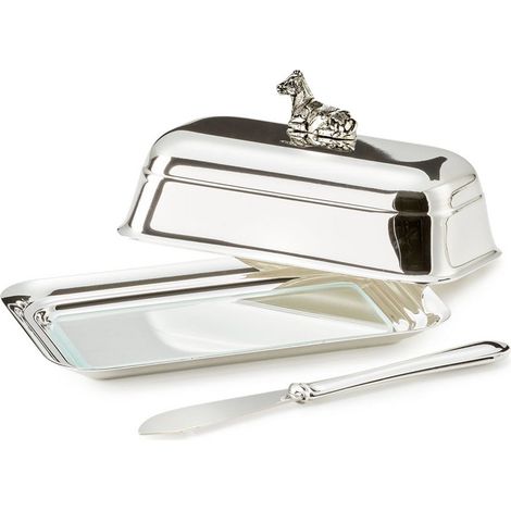 Beurrier Vache en Métal Plaqué Argent avec Plateau en Verre et Couteau à Beurre 8 x 13 cm - PANGIVO