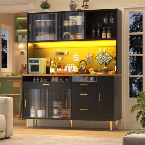 Buffet Haut Noir 145×39×171cm Salon Cuisine Salle à Manger, Meuble Rangement LED RGB App Effet Musique, Portes Vitrées Coulissantes, Panneau Perforé, Cave à Vin Tiroir à Verres Étagères Réglables (1/5)
