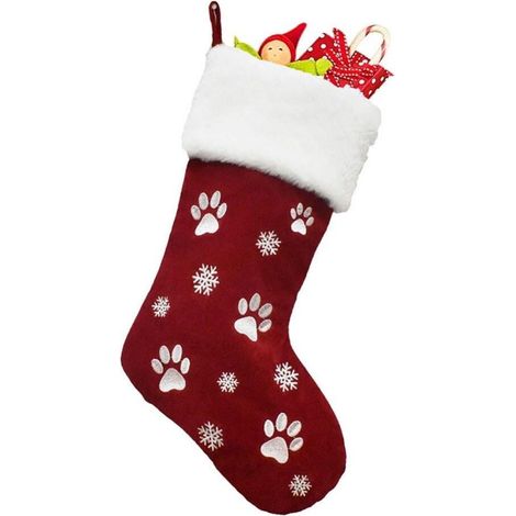 Chaussette De Noël - 45 cm - Motif Patte De Chien Et Flocon De Neige - En Polyester - Pour Décoration Cheminée Ou Cadeaux - 1 Pièce (1/5)