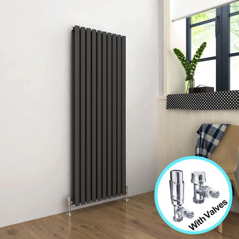 ELEGANT Vertical Radiator 1600 x 590mm Double Panel Designer Anthracite Oval Column Heating Rad with Chrome Thermostatic Radiator Valves (1/5)