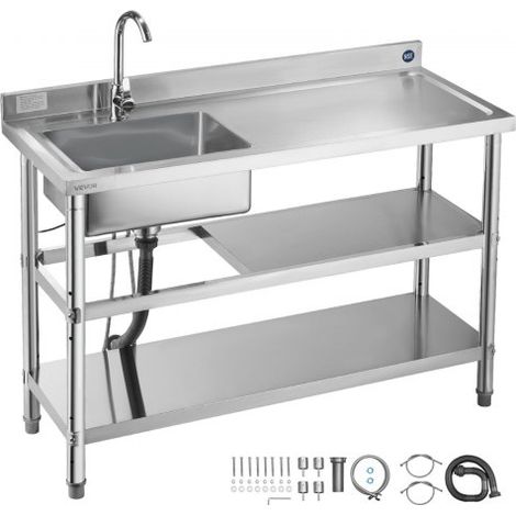 Évier cuisine utilitaire en acier inoxydable,évier professionnel autoportant à cuve unique avec robinet,tuyau d'eau chaude et froide,2 étagères pour garage,restaurant,buanderie 120x50x94 cm (1/3)