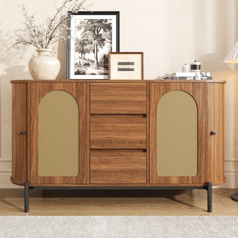 Credenza ovale con porte in rattan, cassetti e ripiani regolabili, noce DESVIAE (1/5)