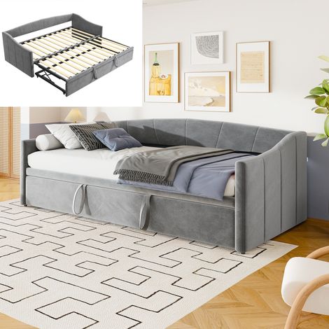 Lit gigogne 90x190 cm/180x190 cm, canapé convertible avec sommier à lattes en bois, cadre en métal, lit de jour extensible en Velours - Gris (1/5)