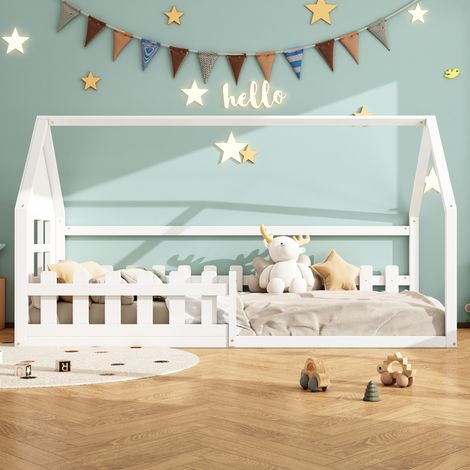 Lit enfant 90x200 cm, lit plat forme maisonnette blanc, cadre sommier intégré, chambre bébé (1/5)