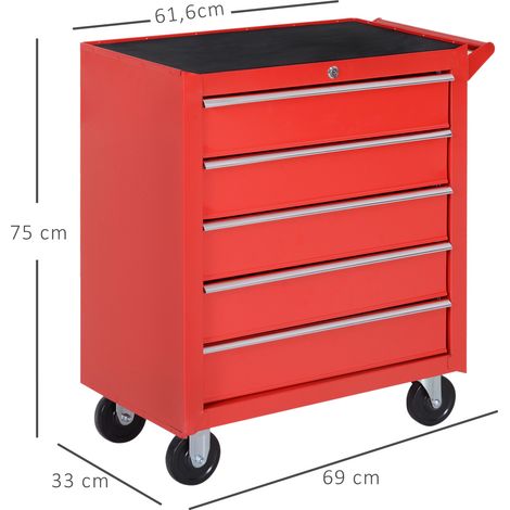 Rollschrank, Werkzeugschrank für Garage, Schuppen, Stahl, 69L x 33B x 75H cm, Rot (1/5)