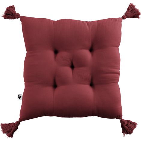 Coussin capitonné 5 points avec pompons gaze de coton 40 x 40 cm gaia lie de vin Bordeaux