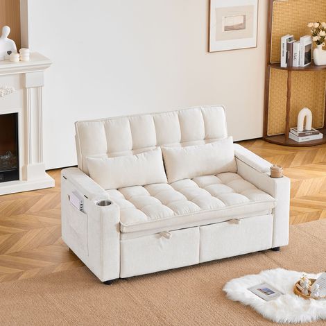 Canapé convertible 3 en 1 142 cm - Canapé-lit avec fonction détente, coussins effet nuage, rangement intégré, porte-gobelets et coussins lombaires - Chenille Beige (1/5)