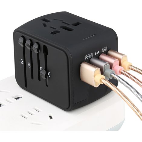 Adaptateur de voyage universel tout-en-un pour l'Europe, les États-Unis, le Mexique et l'Australie, avec 3 ports USB-A et 1 port USB-C.