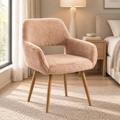 Silla de comedor efecto peluche con reposabrazos y patas de acero color camello HAVRYA (1/5)