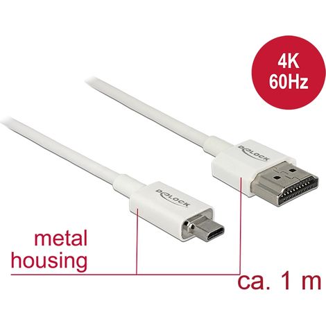 Delock Cable HDMI de alta velocidad con Ethernet - HDMI-A macho  HDMI Micro-D macho 3D 4KÂ 1 mÂ fino High Quality