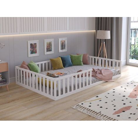 Lit au sol Montessori en bois blanc 120x200 cm, Lit Enfant pour filles et garçons