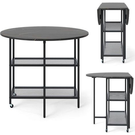 Round Kitchen Table Modern Dining Table with Drop Leaf Tabletop-Black (1/5)