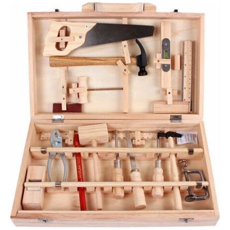 Coffret multi-outils 16 pièces – Outils en métal et bois massif – Boîte de rangement en bois – Pour jeunes bricoleurs (1/5)