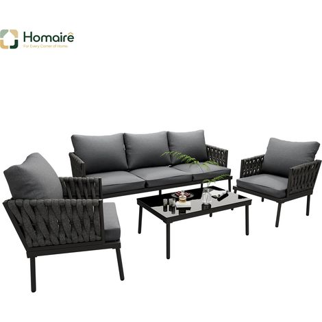 HOMAIRE Set de salon de jardin avec canapé 3 places, 2 fauteuils, table basse, coussins confortables, plateau de table en verre, accoudoirs en corde tressée et structure en acier galvanisé, gris