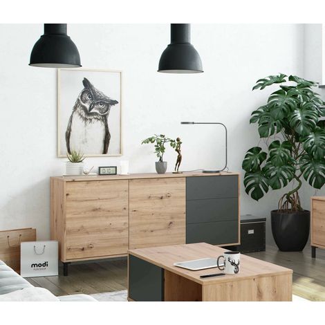 Dmora - Aparador Dbog, Aparador moderno con 2 puertas y 3 cajones, Bufet de salón, gabinete de TV, Aparador para salón, 154x41h74 cm, Roble anudado y Antracita